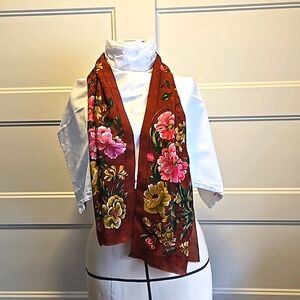 Oscar de la Renta rusty brown silk oblong floral scarf